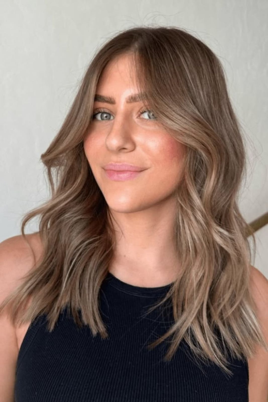 Collarbone Ash Brown With Blonde Highlights, Curtain Bangs — Winter Hair Color
