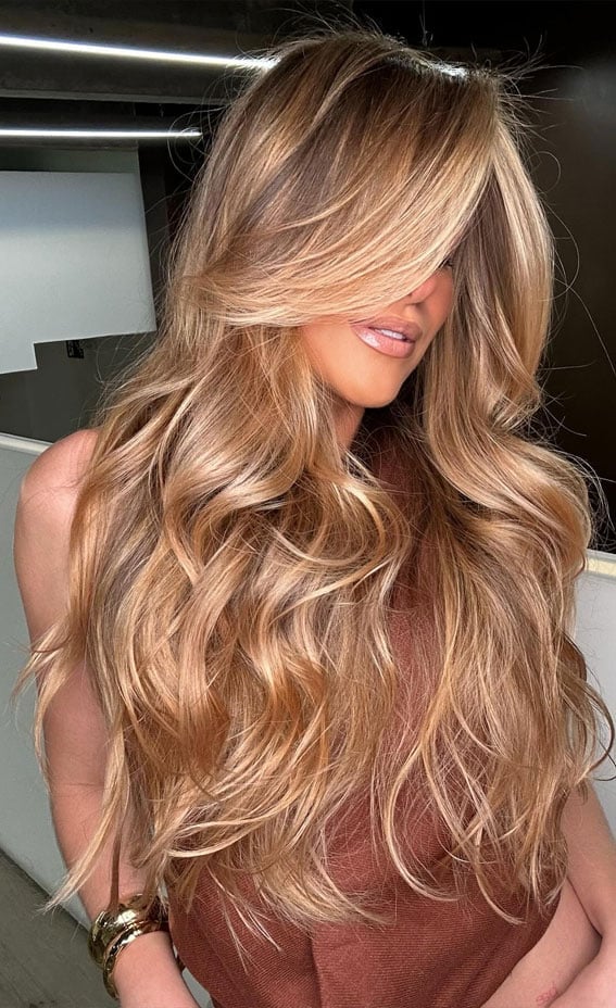 Mid-Back Honey Balayage With Curtain Bangs — Winter Hair Color