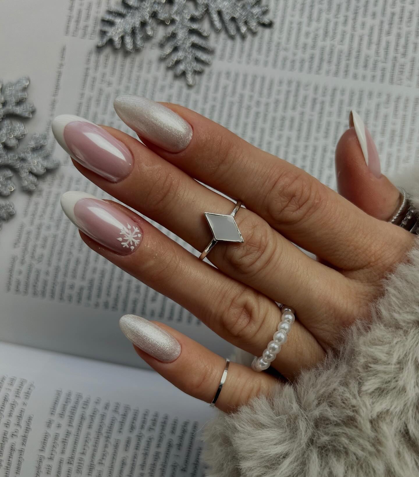 Winter Pearl French Snowflake Almond Nails