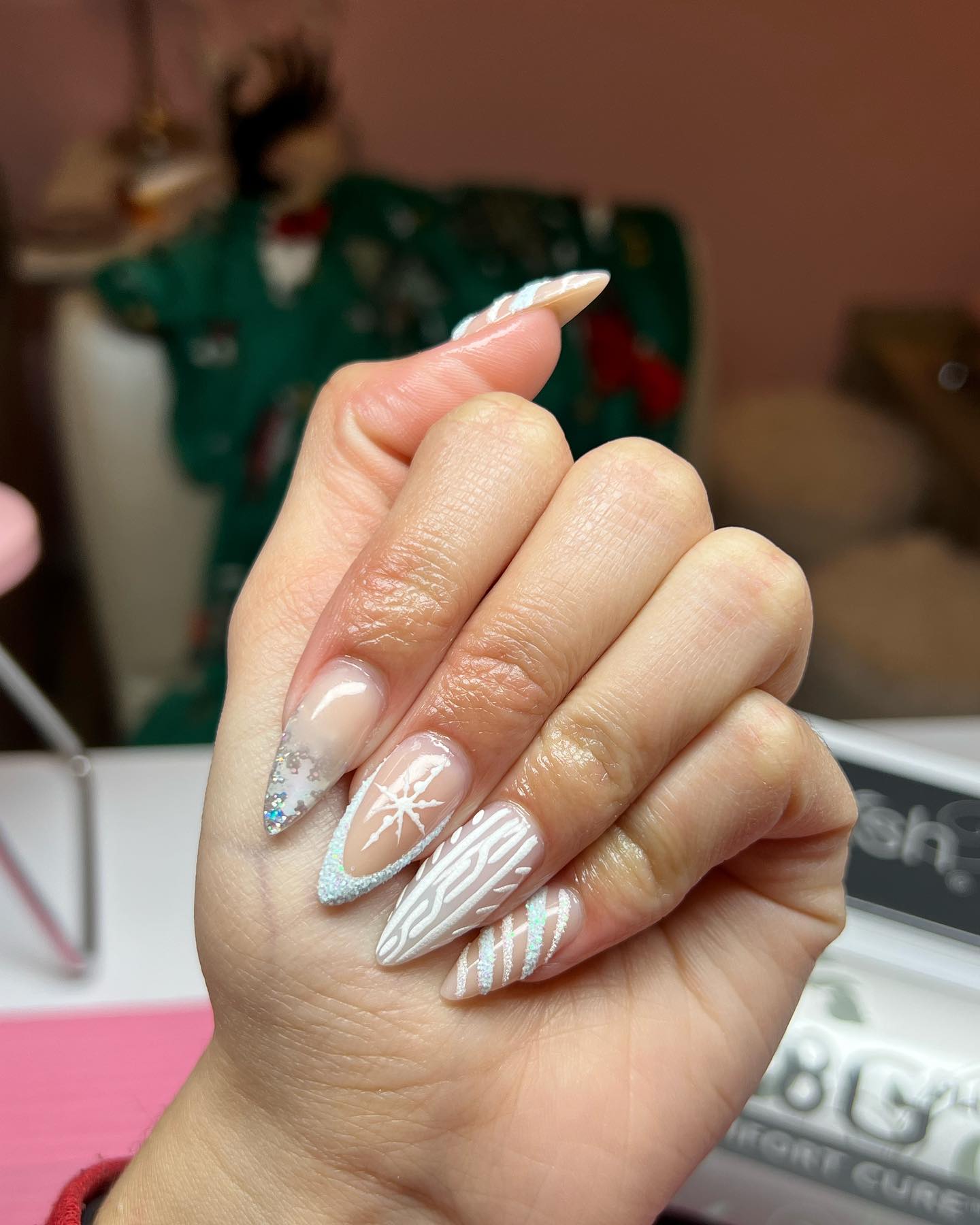 Winter Snowflake Almond Nails with Glitter Accents