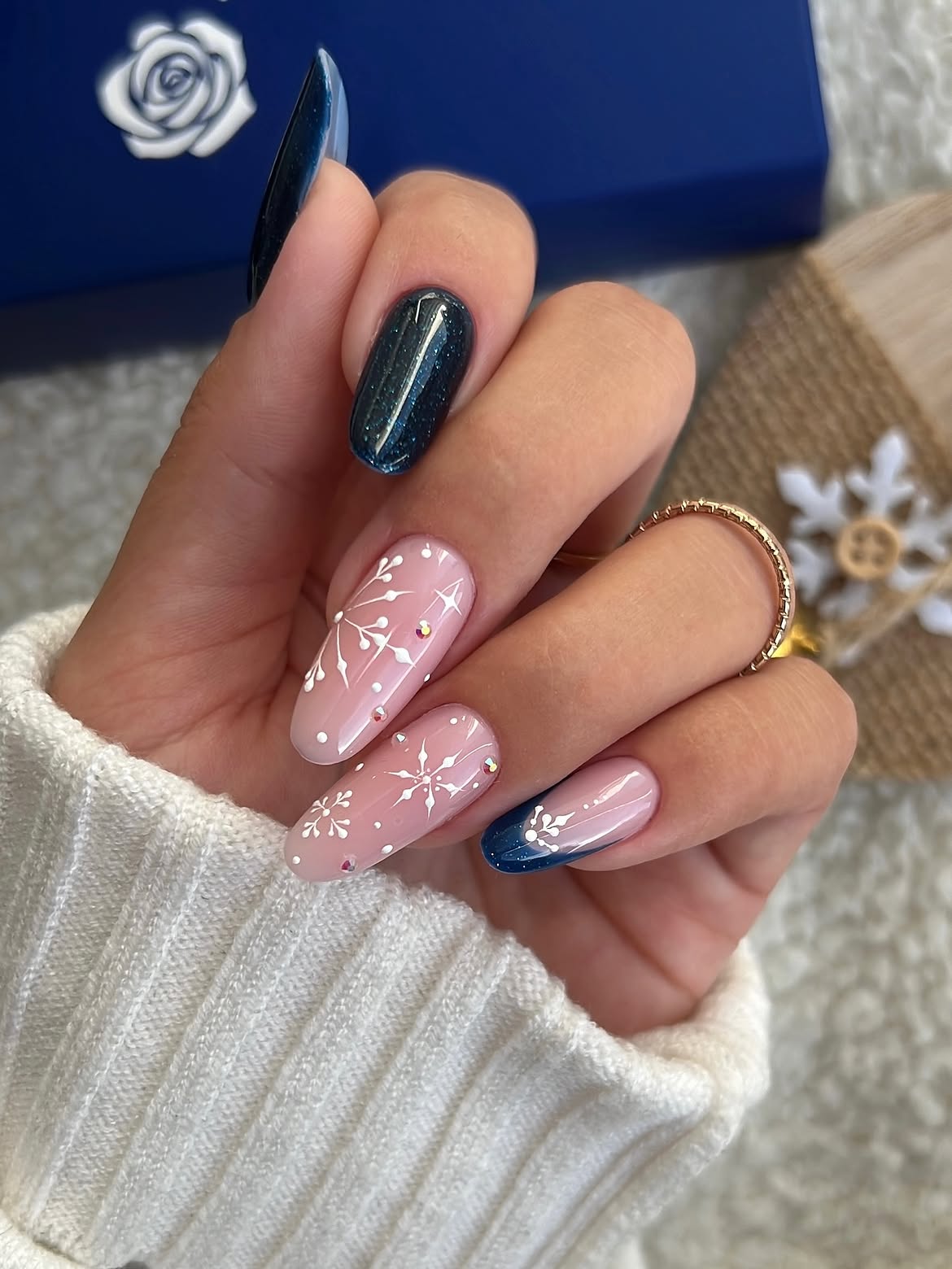 Winter Snowflake French Ombre Almond Nails