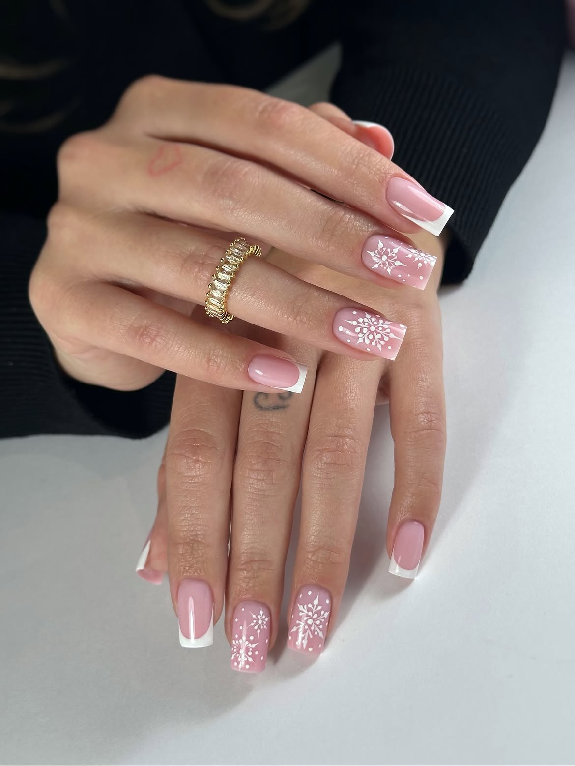 Winter Snowflake French Tip Nails with Pink Base