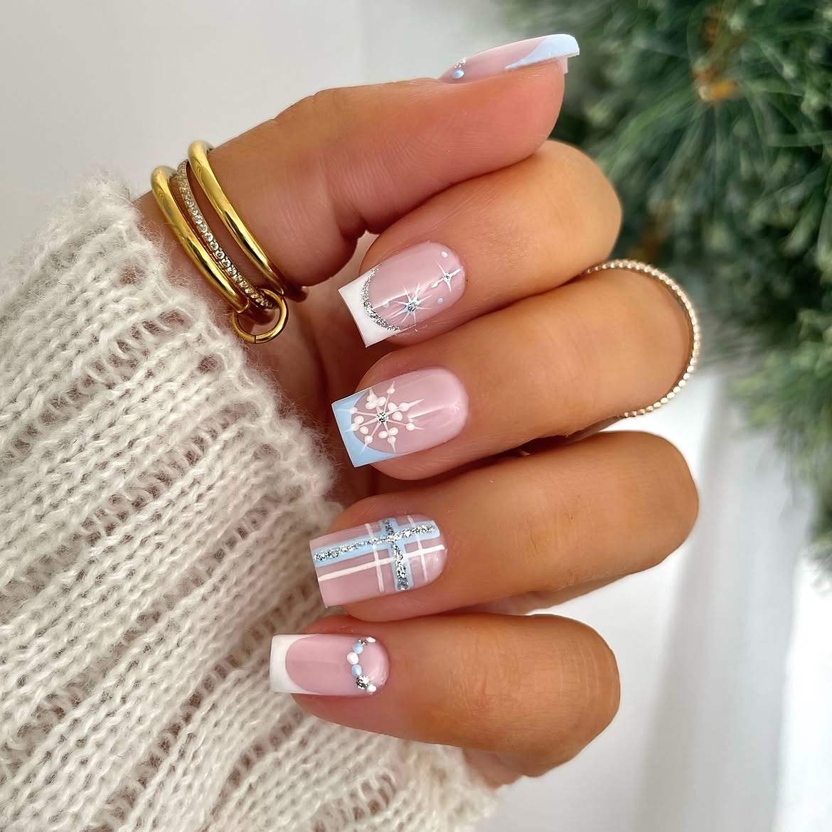 Winter Snowflake French Tip Square Nails