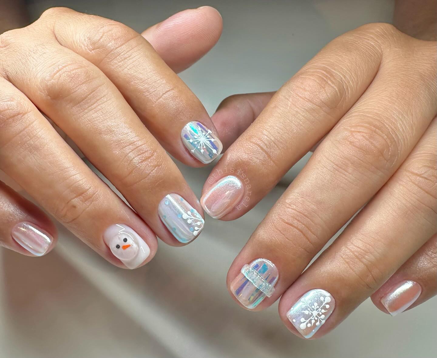 Winter Snowman and Snowflake Gel Nails