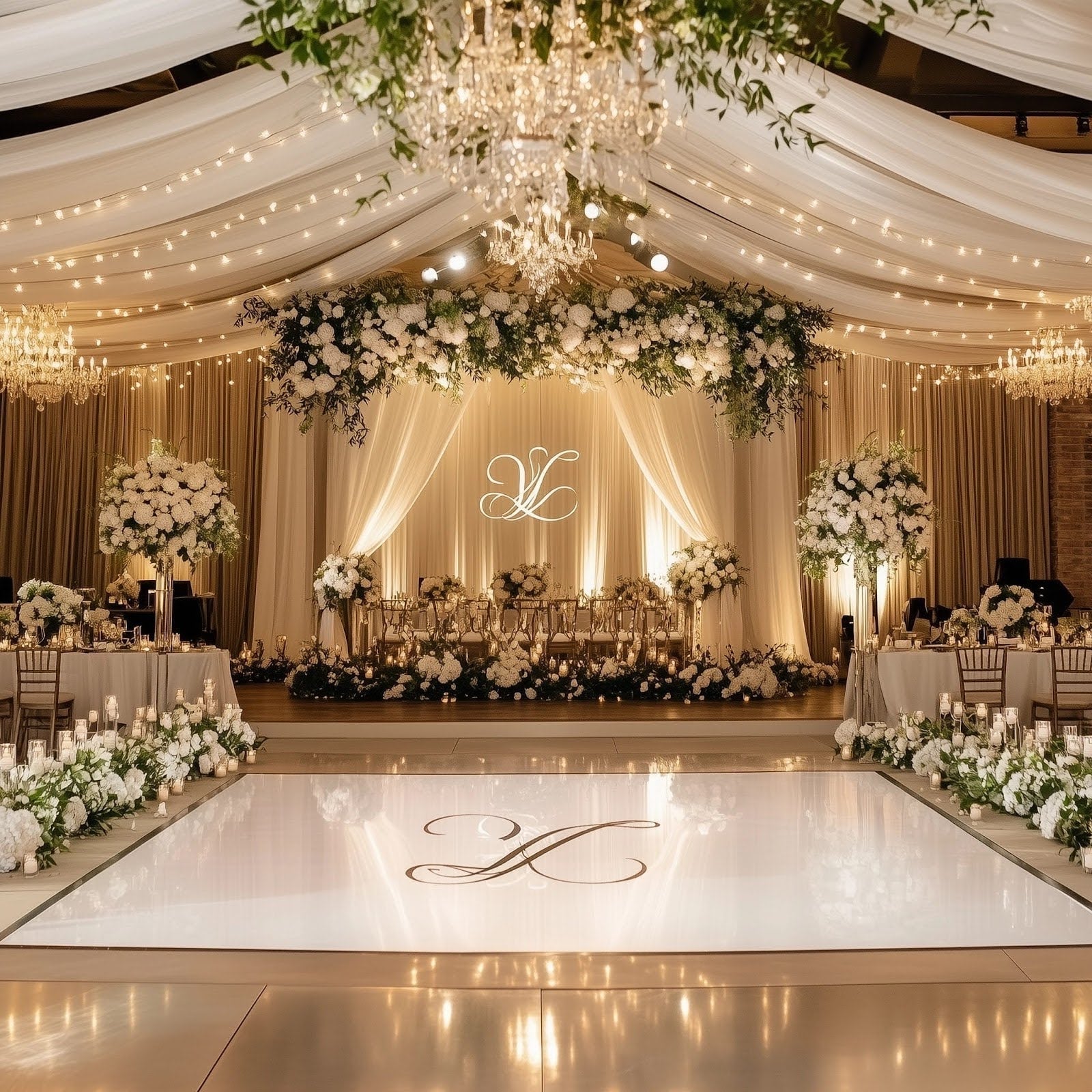 Glamorous Reception with a Floral Arch and Crystal Chandeliers Glamorous Reception with a Floral Arch and Crystal Chandeliers — Winter Wedding