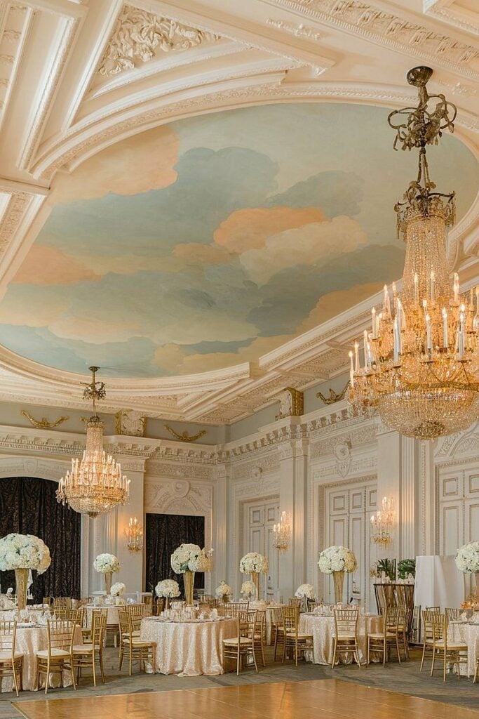 Classic Ballroom with Crystal Chandeliers and Painted Ceiling Mural Classic Ballroom with Crystal Chandeliers and Painted Ceiling Mural — Winter Wedding