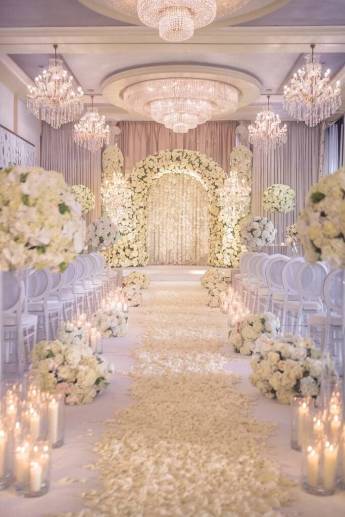 Luxury Wedding Ceremony Space with Abundant Floral Arch and Candlelit Luxury Wedding Ceremony Space with Abundant Floral Arch and Candlelit — Winter Wedding
