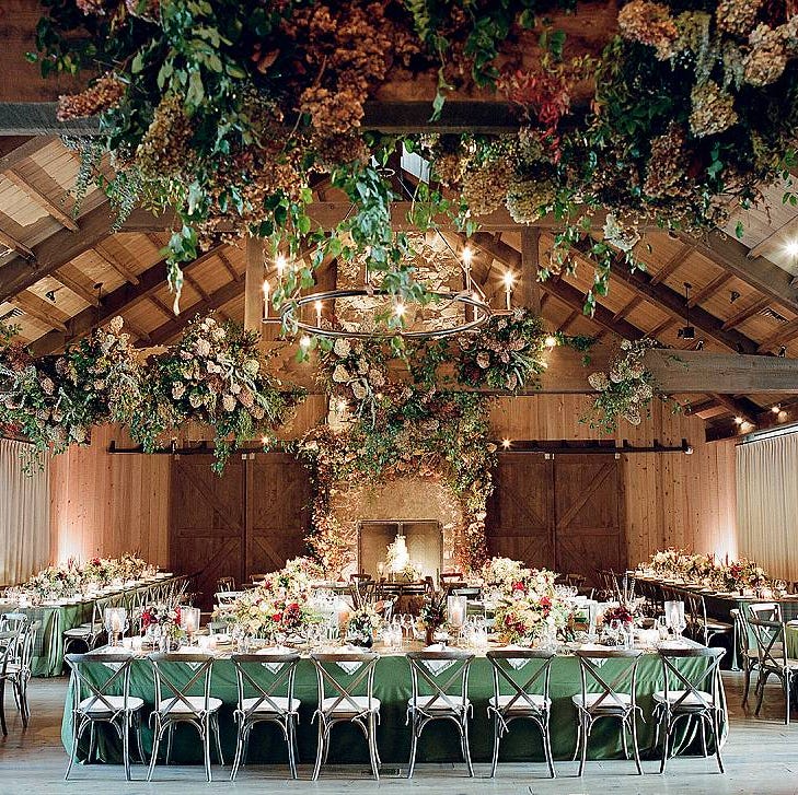 Rustic Chic Reception Hall with Green Linens and Floral Arrangements Rustic Chic Reception Hall with Green Linens and Floral Arrangements — Winter Wedding