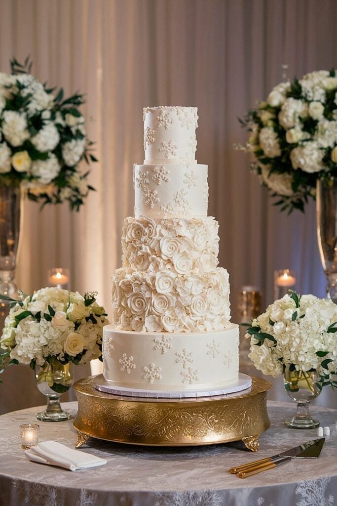 Elegant Wedding Cake with Snowflake Details and Candlelight Elegant Wedding Cake with Snowflake Details and Candlelight — Winter Wedding