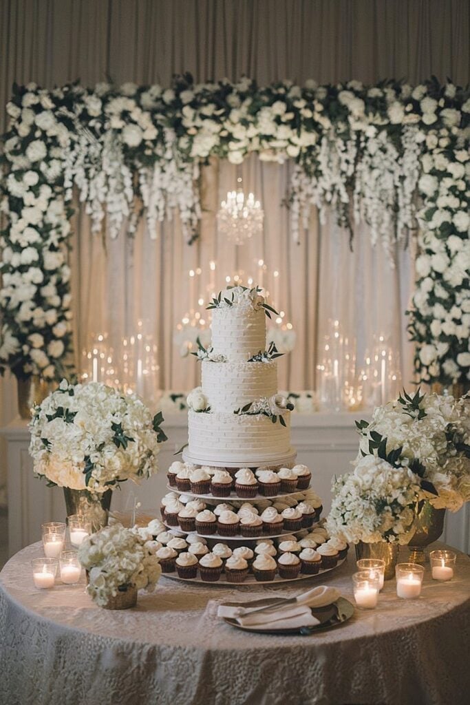 Classic Winter Wedding Cake Display with Floral Accents Classic Winter Wedding Cake Display with Floral Accents