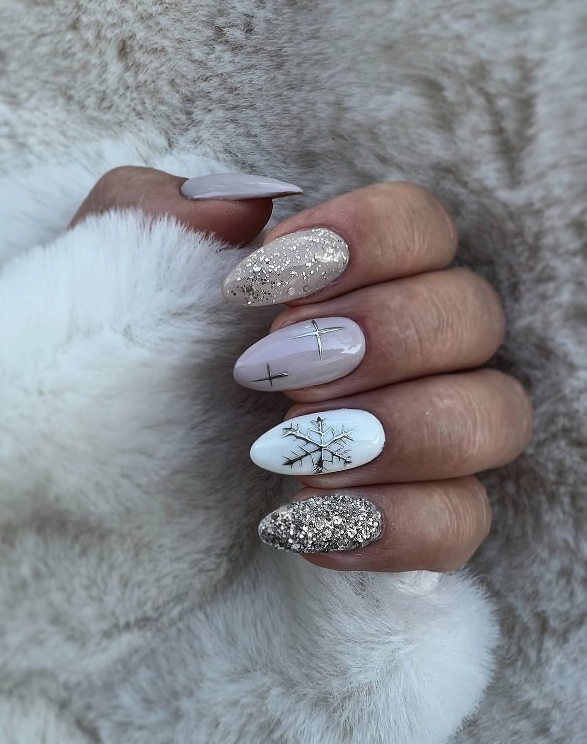 Winter Wonderland Almond Nails with Snowflakes