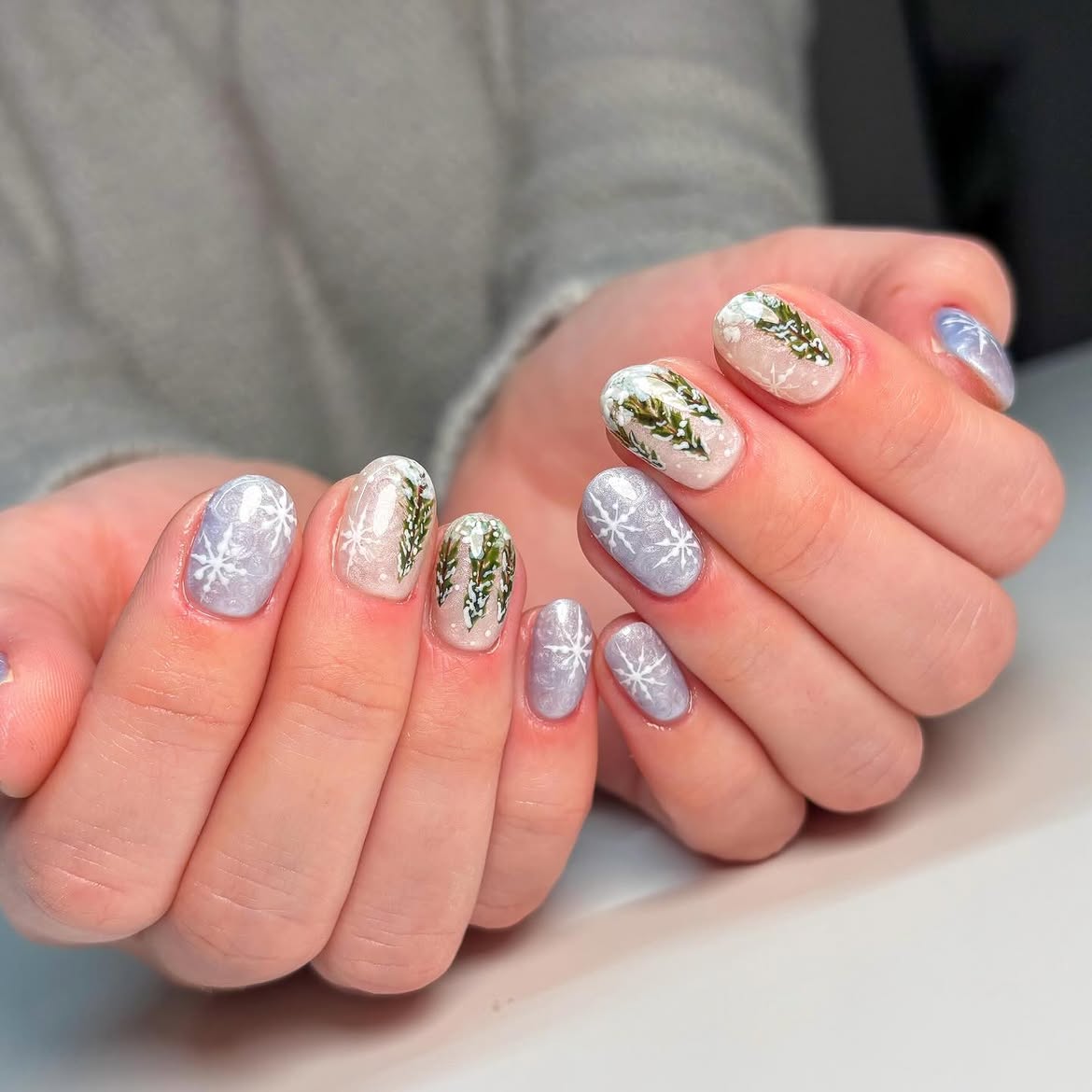 Winter Wonderland Pine Tree And Snowflake Oval Nails