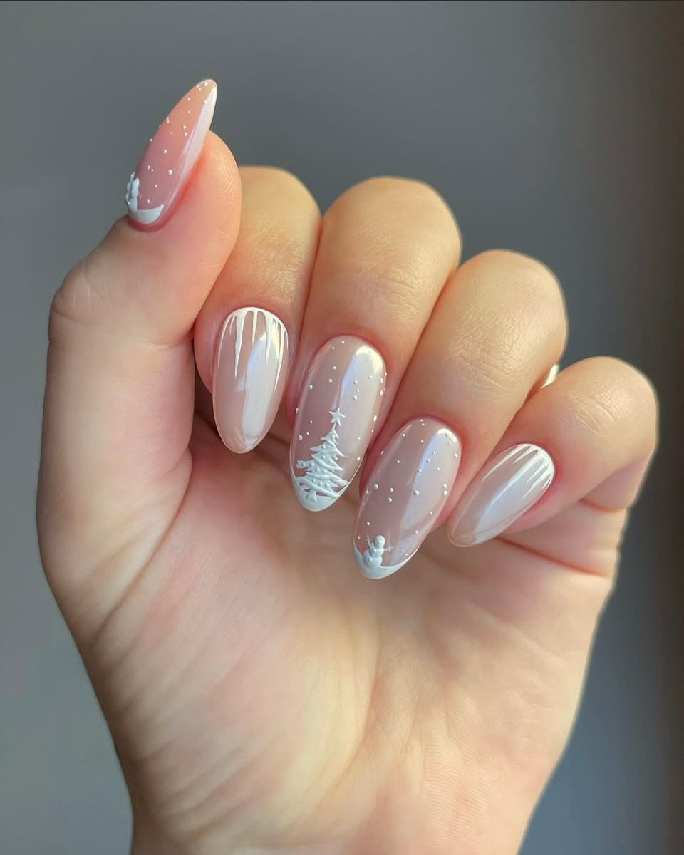 Winter Wonderland Snowman and Tree Almond Nails