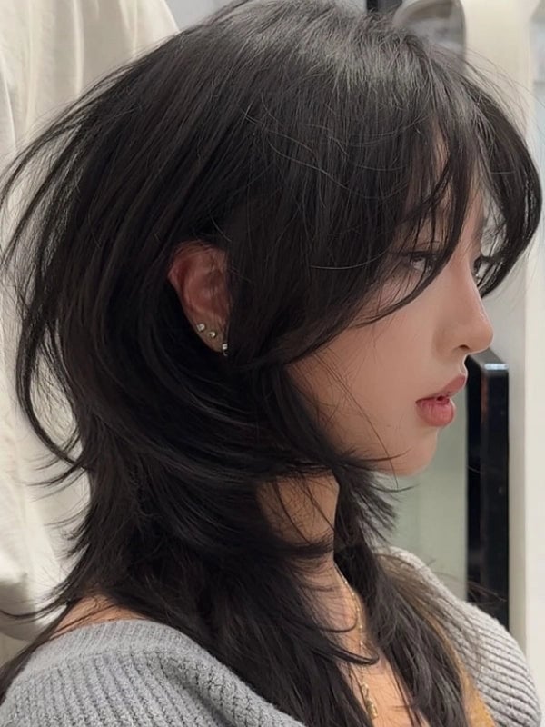 Dark Brown Collarbone Wolf Cut With Wispy Bangs Dark Brown Collarbone Wolf Cut With Wispy Bangs