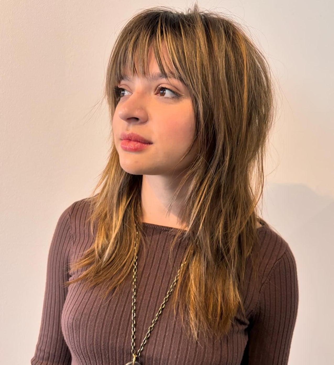 Shoulder Length Dark Brown Blonde Highlight Wolf Cut Full Bangs, Wavy Shoulder Length Dark Brown Blonde Highlight Wolf Cut Full Bangs, Wavy