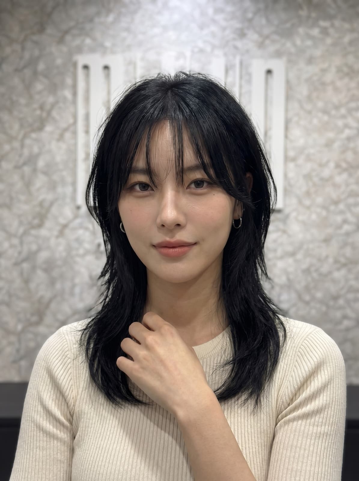 Dark Brown Collarbone Wolf Cut Full Bangs, Straight Dark Brown Collarbone Wolf Cut Full Bangs, Straight