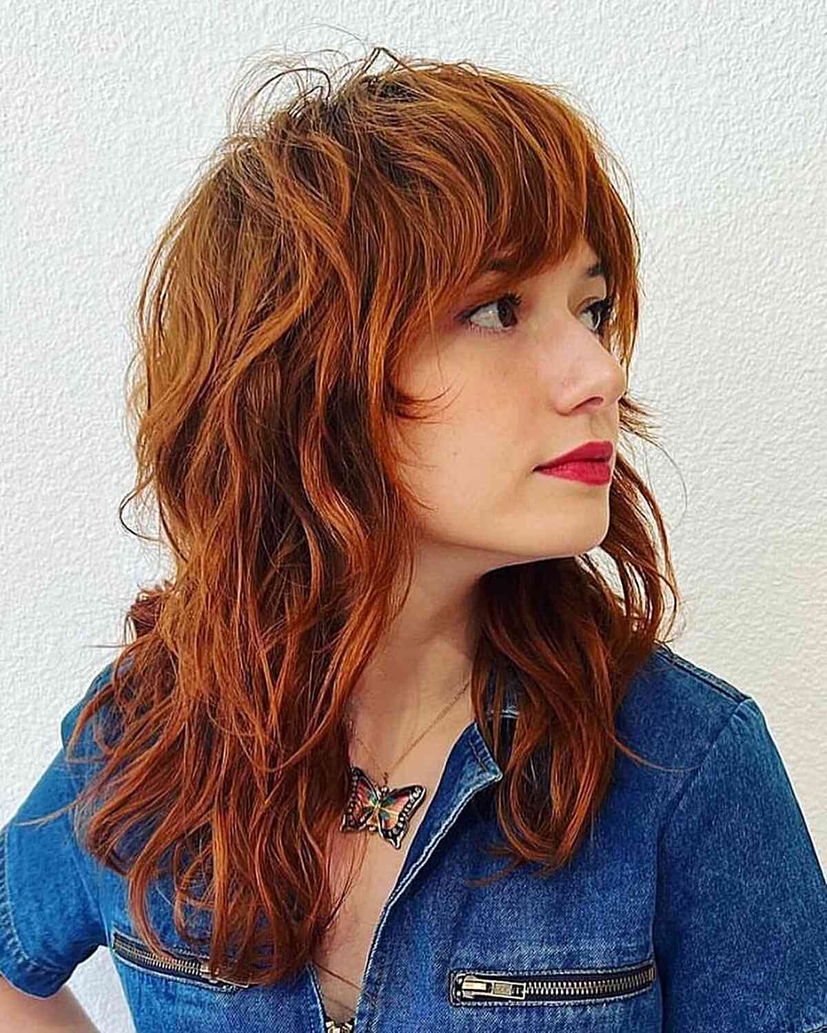 Copper Red Mid-Back Wolf Cut Shaggy Bangs Copper Red Mid-Back Wolf Cut Shaggy Bangs