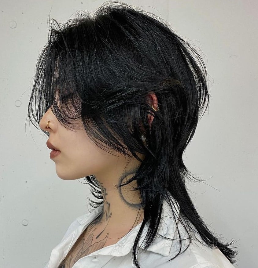 Black Mid-Back Wolf Cut Mullet Tail, Office-Safe Version Black Mid-Back Wolf Cut Mullet Tail, Office-Safe Version