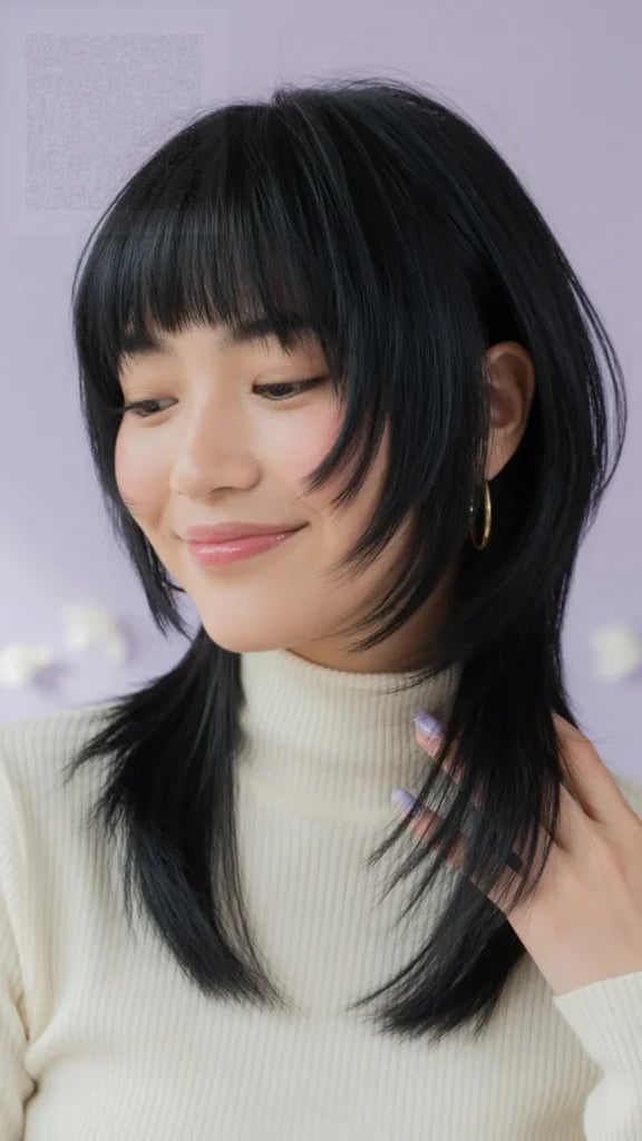 Collarbone Black Wolf Cut Full Layered Bangs Collarbone Black Wolf Cut Full Layered Bangs