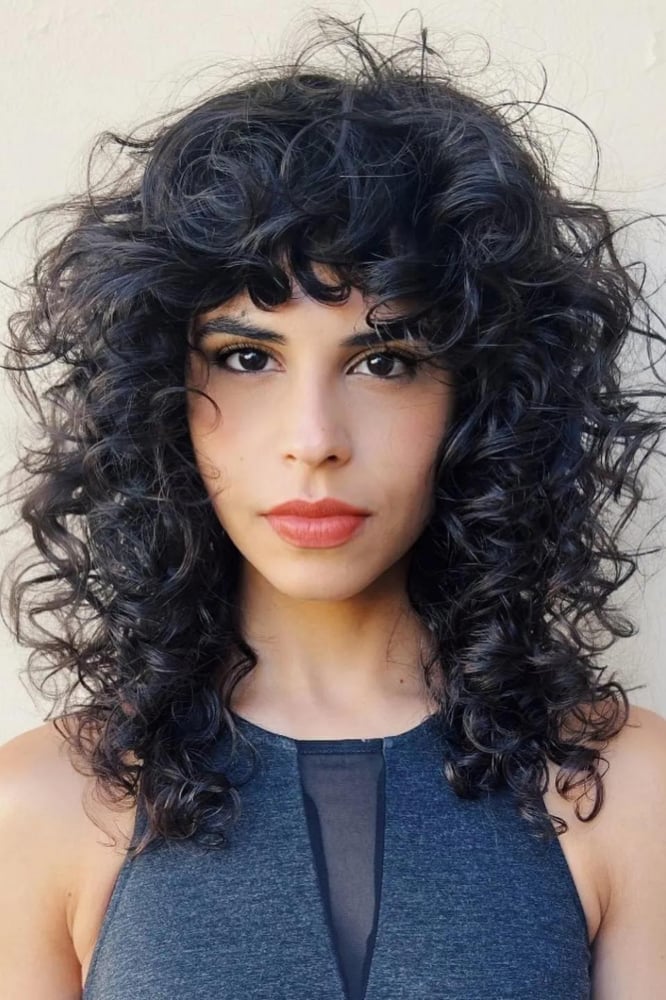 Collarbone Length Dark Brown Wolf Cut No Bangs — Wolf Cut Curly Hair