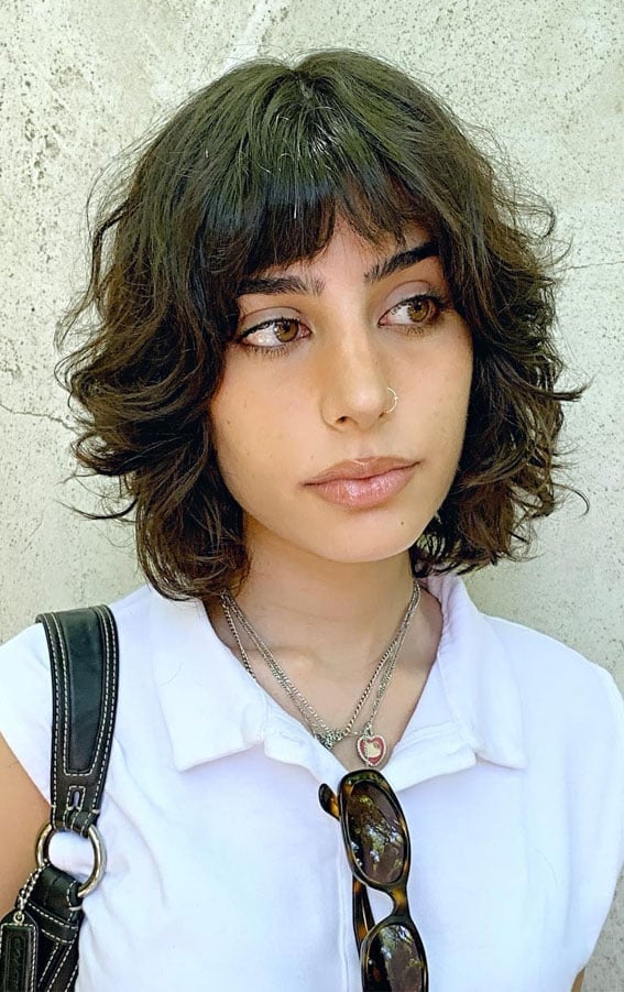 Chin Length Fine Curly Wolf Cut Choppy Bangs — Wolf Cut Curly Hair