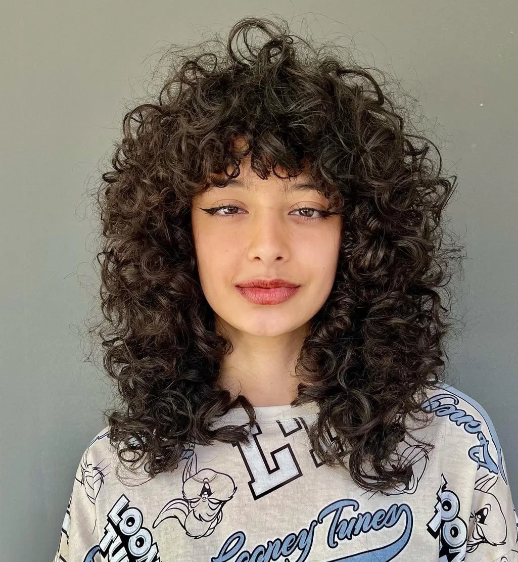 Shoulder Length Dark Brown Wolf Cut Curly Bangs — Wolf Cut Curly Hair