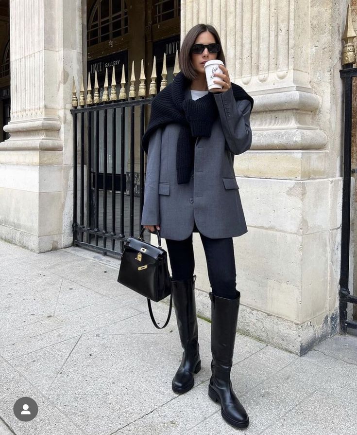 Gray Oversized Blazer with Skinny Jeans and Platform Boots — Work Outfits