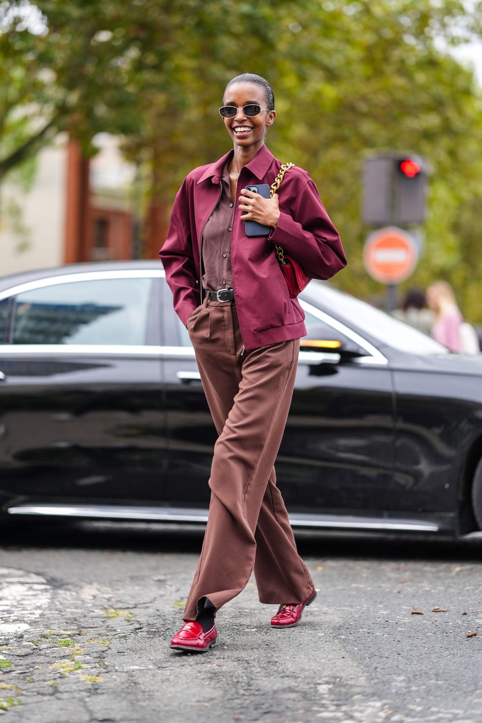 Burgundy Bomber Jacket Adds Casual Polish to Workwear — Work Outfits