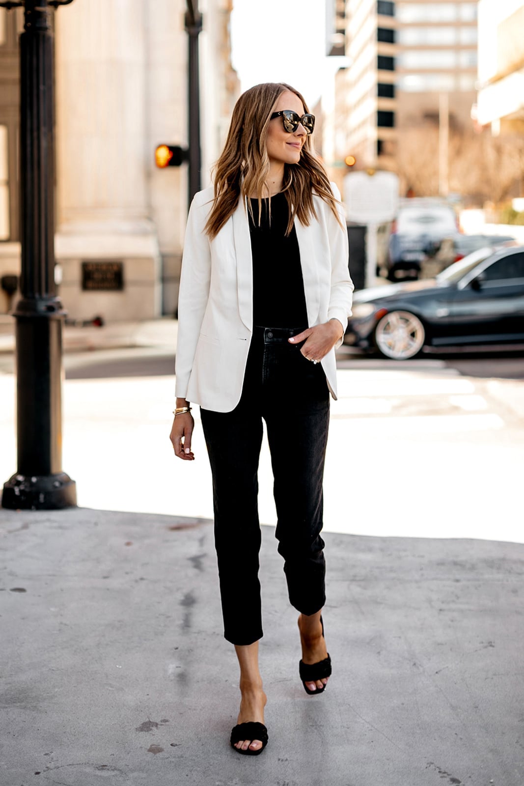 Sharp White Blazer with Black Top and Straight-Leg Jeans — Work Outfits