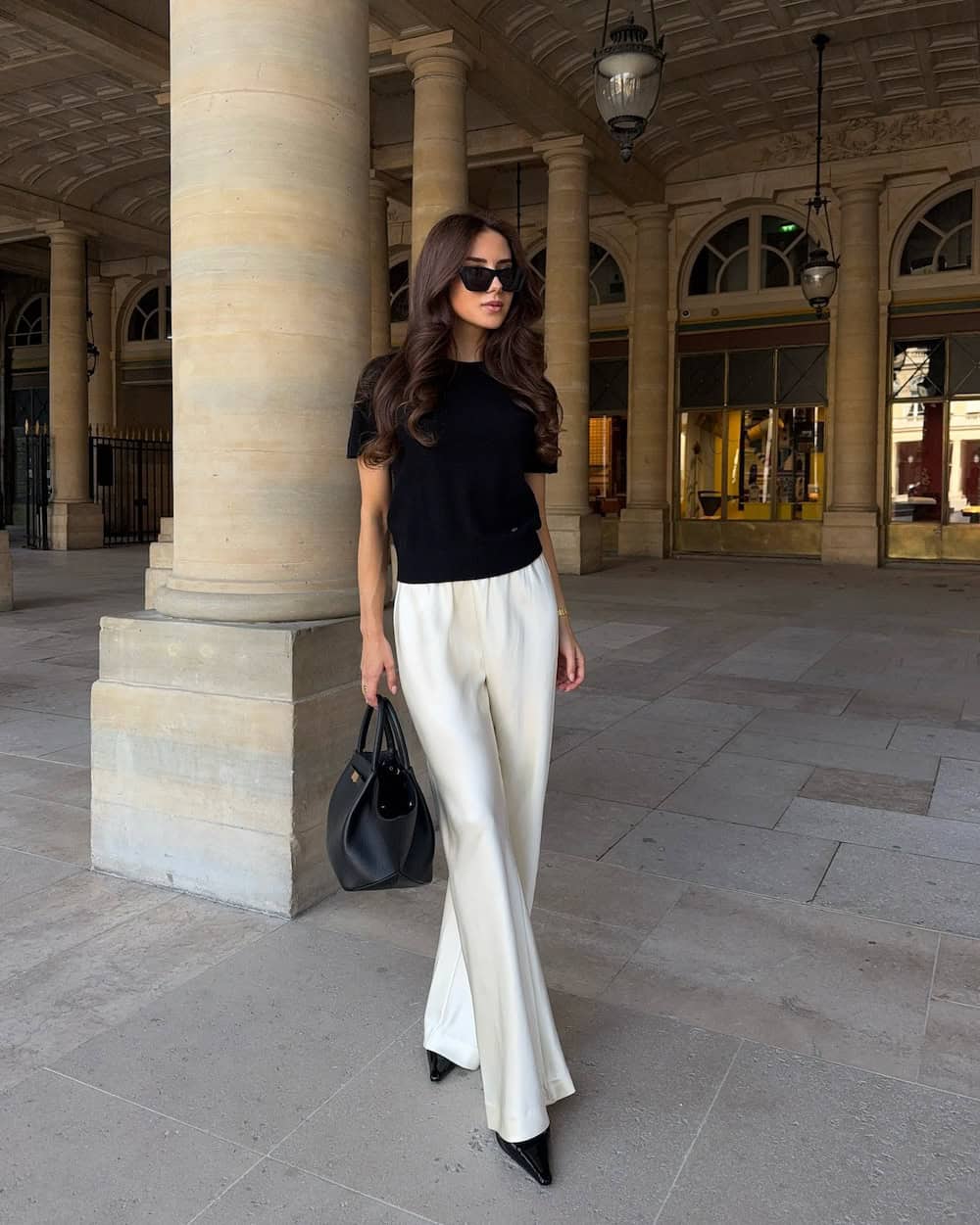 Black Knit Top with Cream Wide-Leg Trousers — Work Outfits