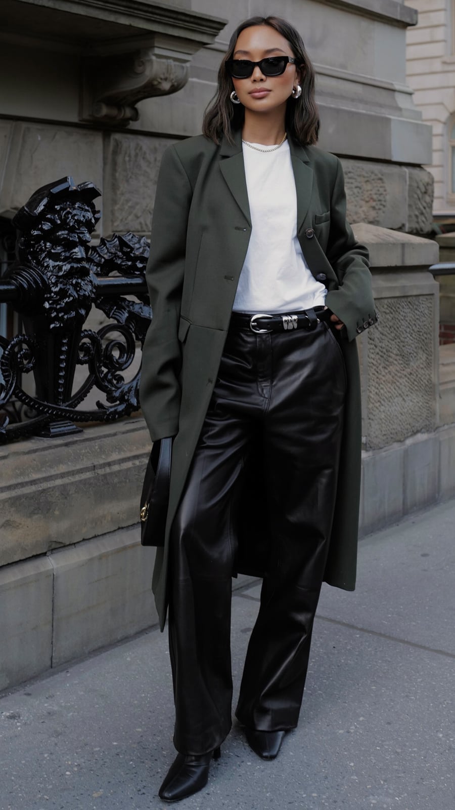 Olive Green Coat Over Leather Trousers for Sophisticated Monochrome — Work Outfits