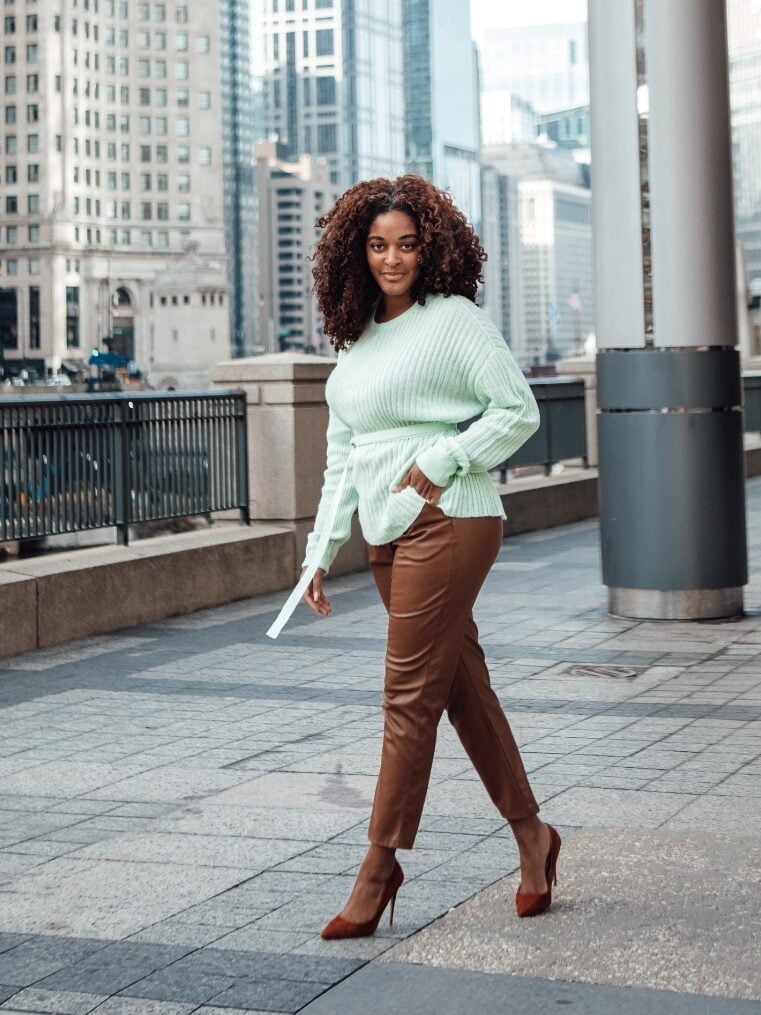 Mint Green Belted Sweater with Faux Leather Trousers — Work Outfits