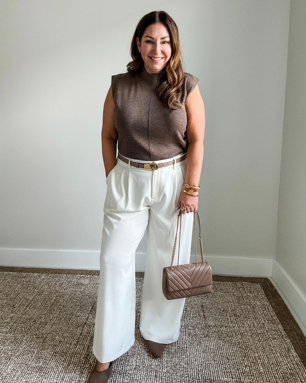 Brown Knit Top and White Wide-Leg Trousers for Modern Comfort — Work Outfits