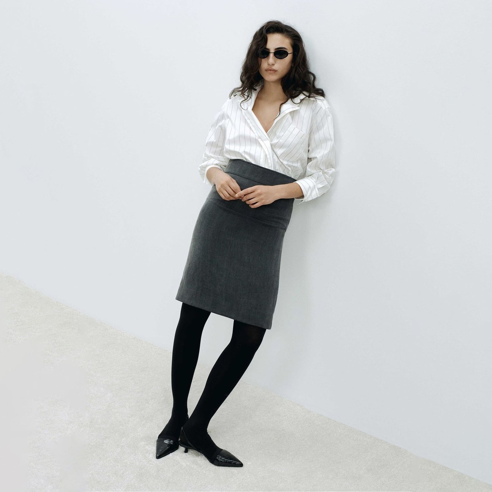 Gray Pencil Skirt and Pinstripe Blouse for Classic Office Style — Work Outfits
