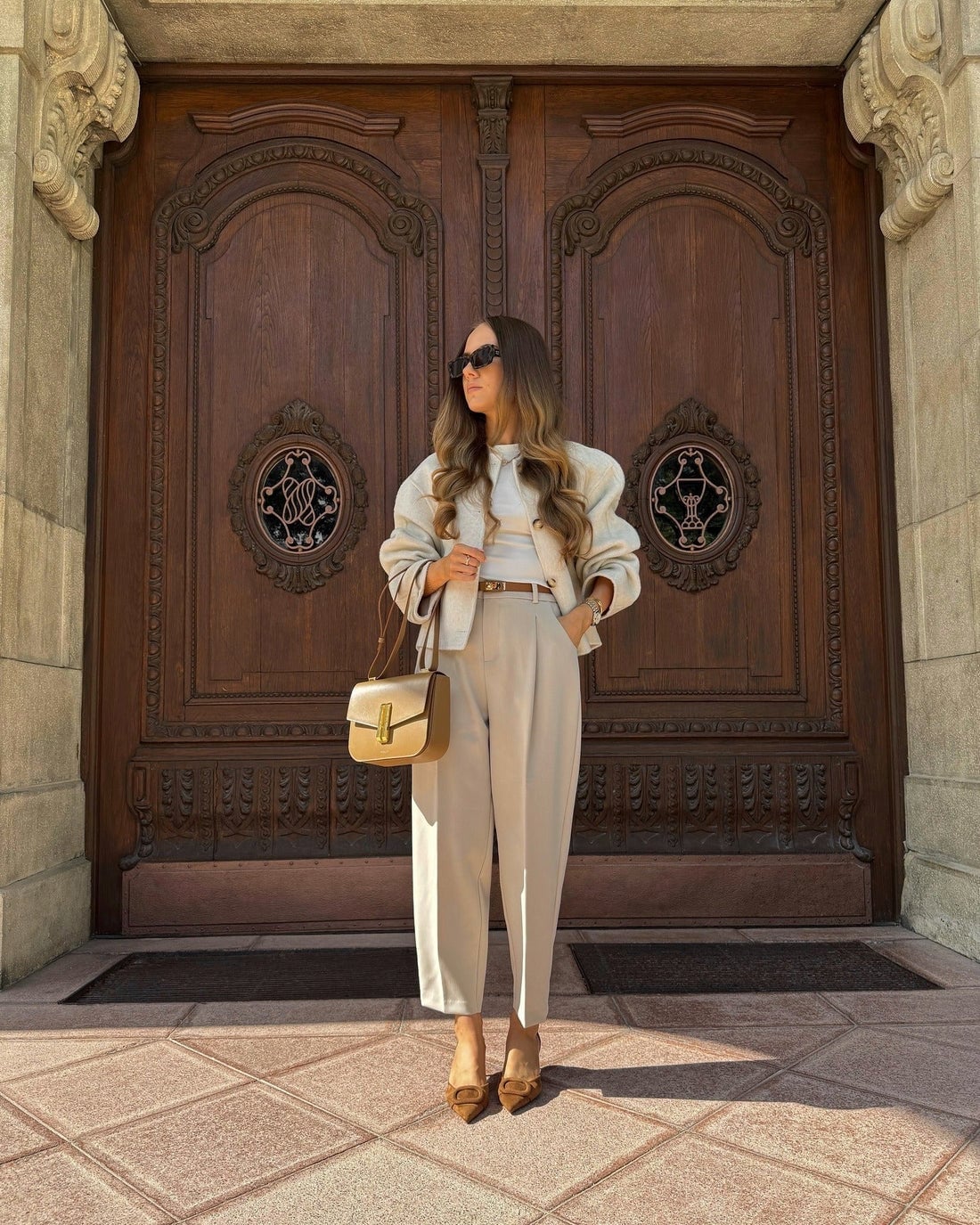 Cropped Padded Shoulder Jacket with Wide-Leg Trousers — Work Outfits