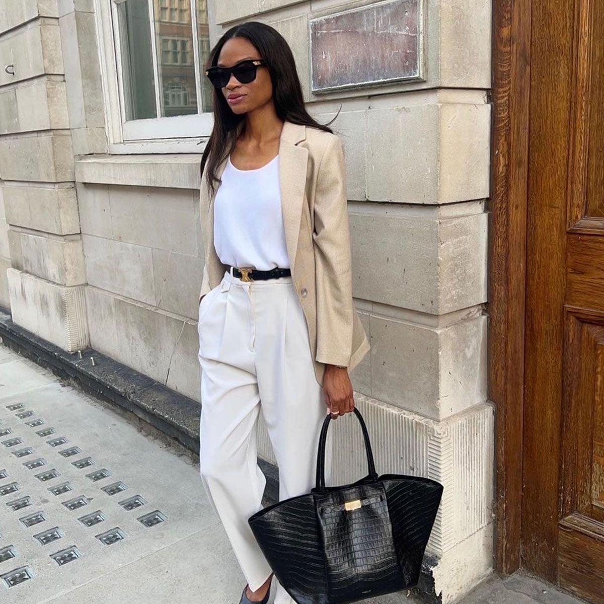 Beige Blazer with Cream Trousers and Black Accessories — Work Outfits