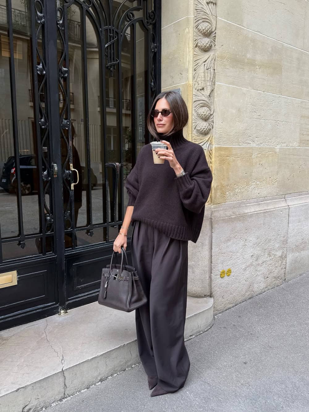 Dark Brown Oversized Knitwear and Charcoal Gray Trousers — Work Outfits