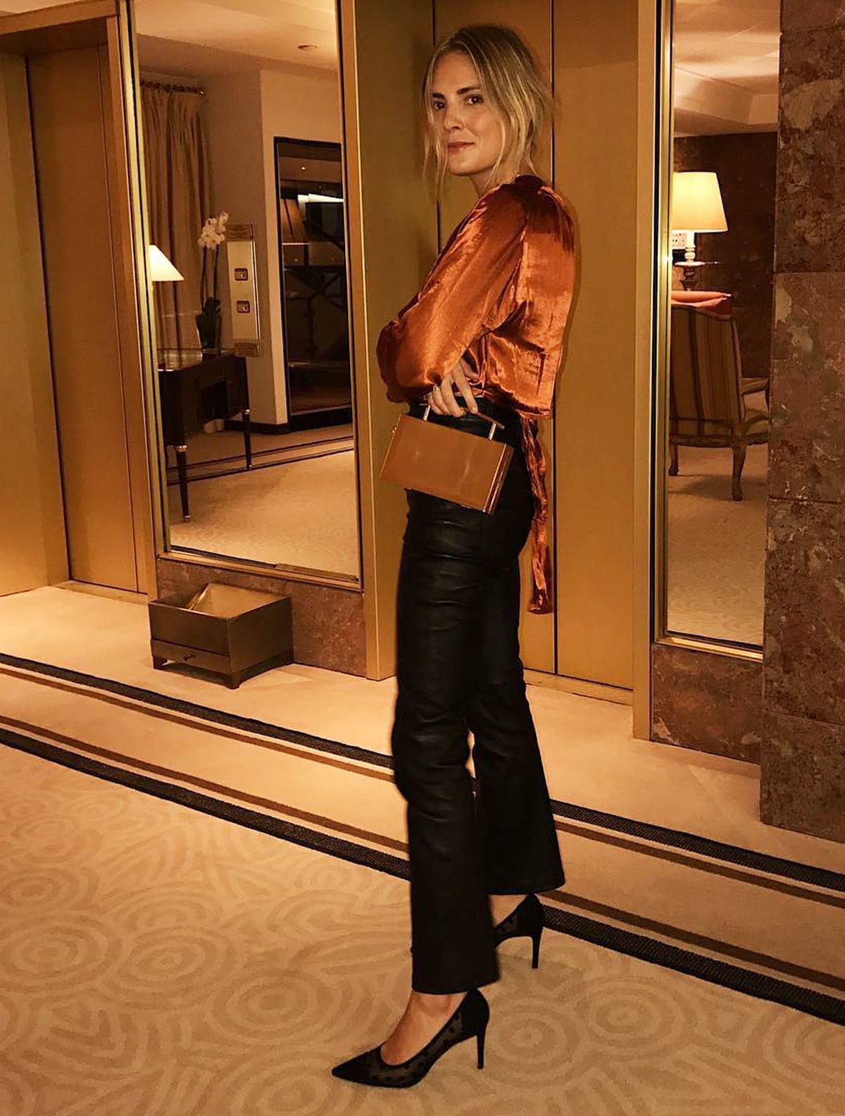 Satin Blouse with Leather Wide-Leg Trousers — Work Party Outfits