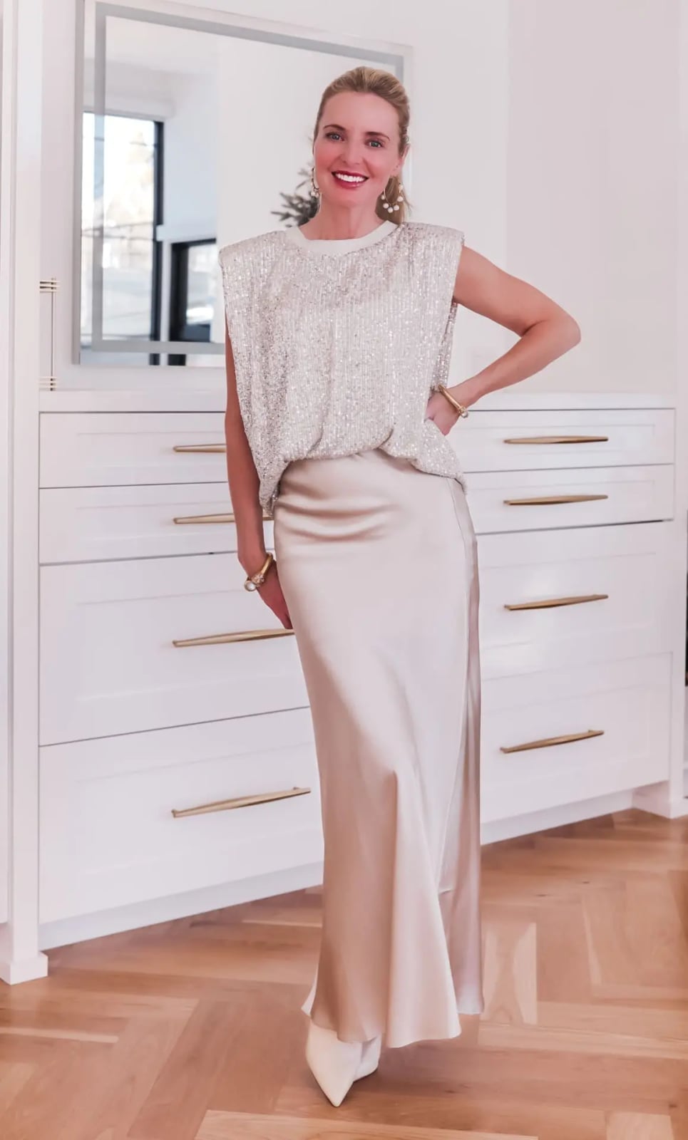 Sequin Top with Cream Satin Maxi Skirt — Work Party Outfits