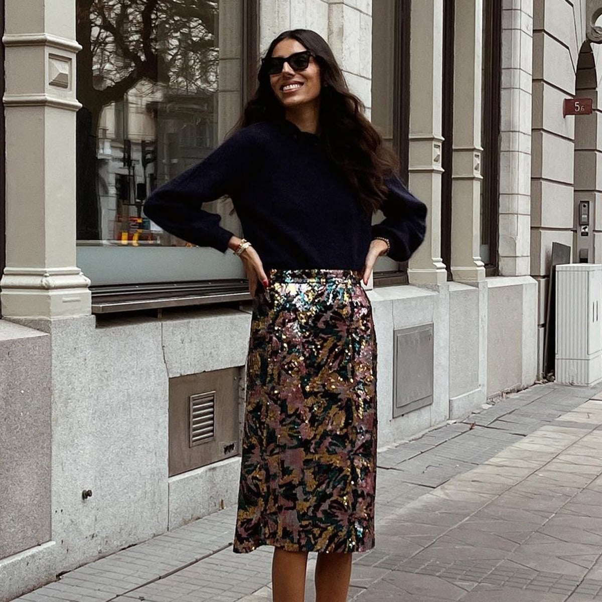 Navy Knit Sweater with Sequin Midi Skirt — Work Party Outfits