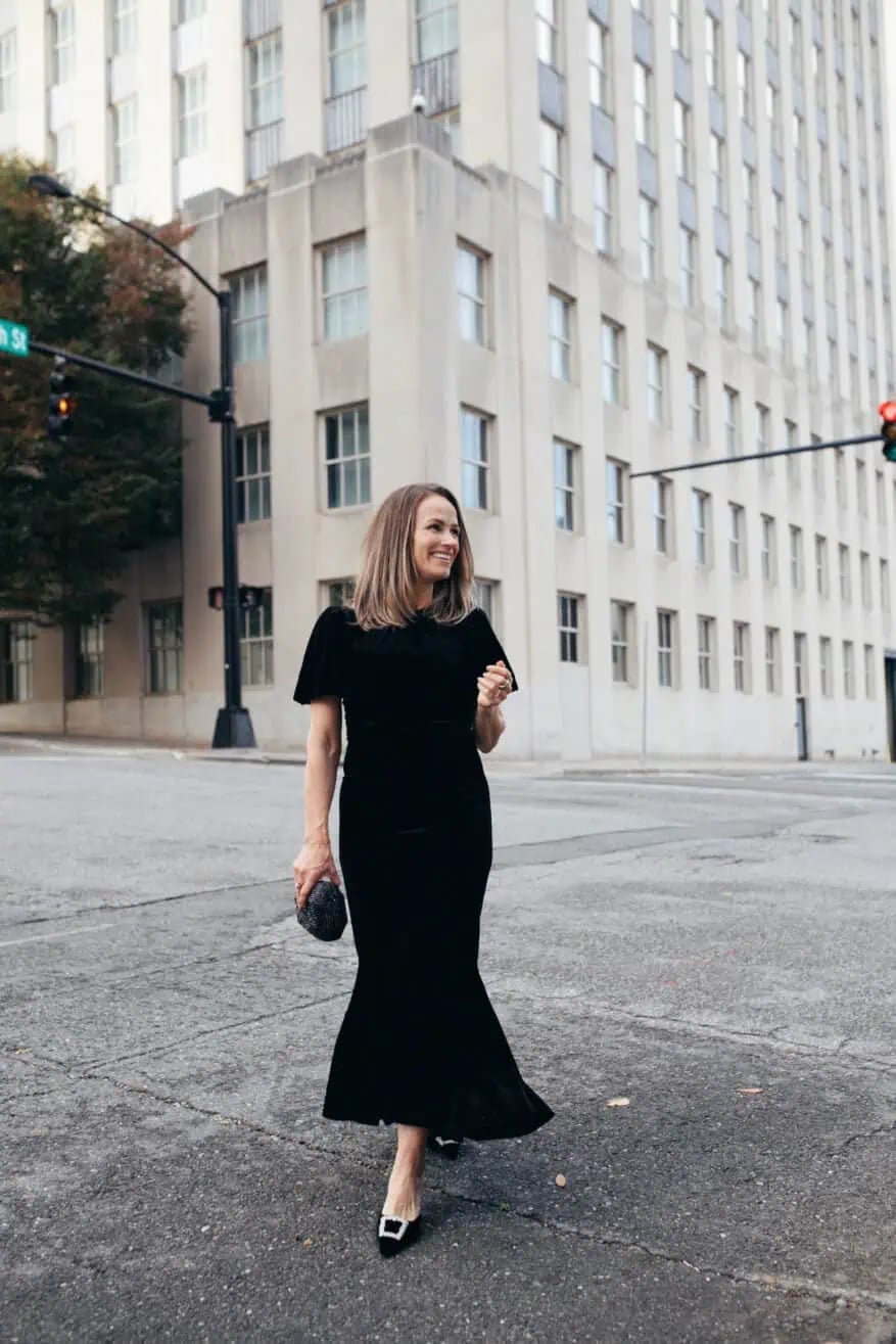 Black Velvet Dress with Flutter Sleeves and Mermaid Hem — Work Party Outfits