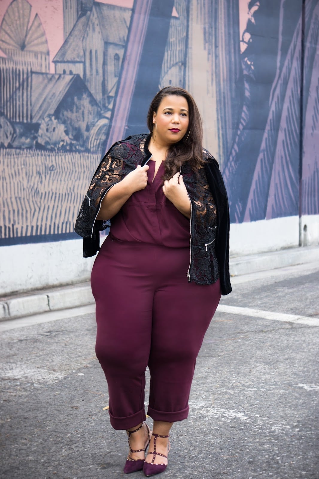 Burgundy Jumpsuit with Black Lace Jacket — Work Party Outfits