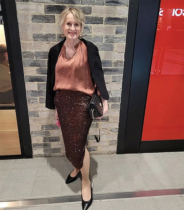 Bronze Sequin Skirt with Peach Satin Blouse and Black Blazer — Work Party Outfits
