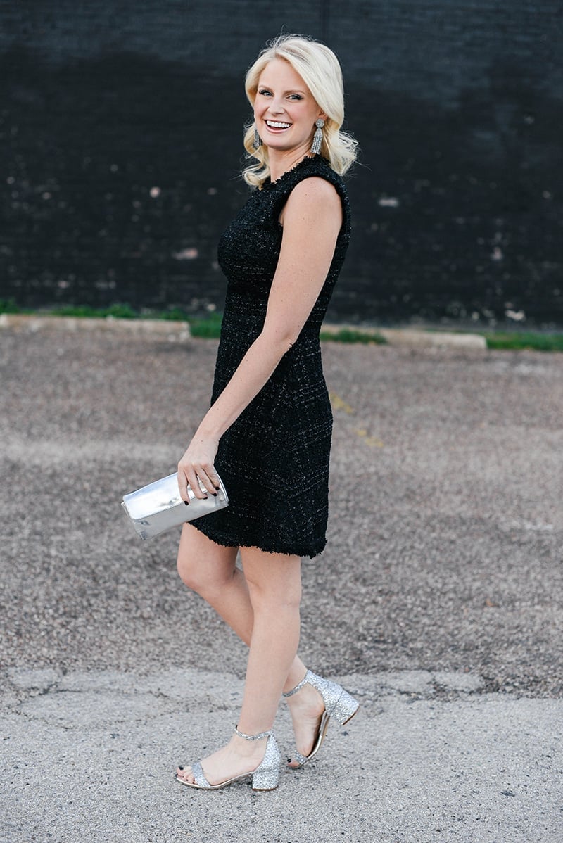 Tweed Fit-And-Flare Dress with Sparkly Sandals — Work Party Outfits