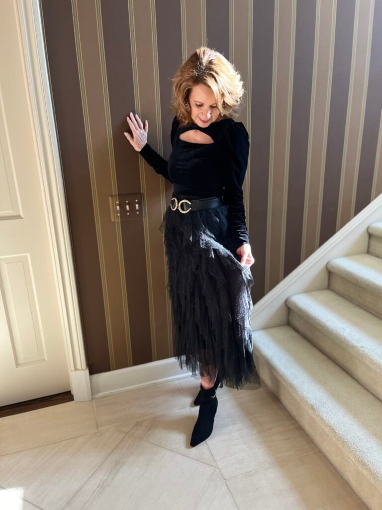 Velvet Top with Cut-Out and Tulle Midi Skirt — Work Party Outfits