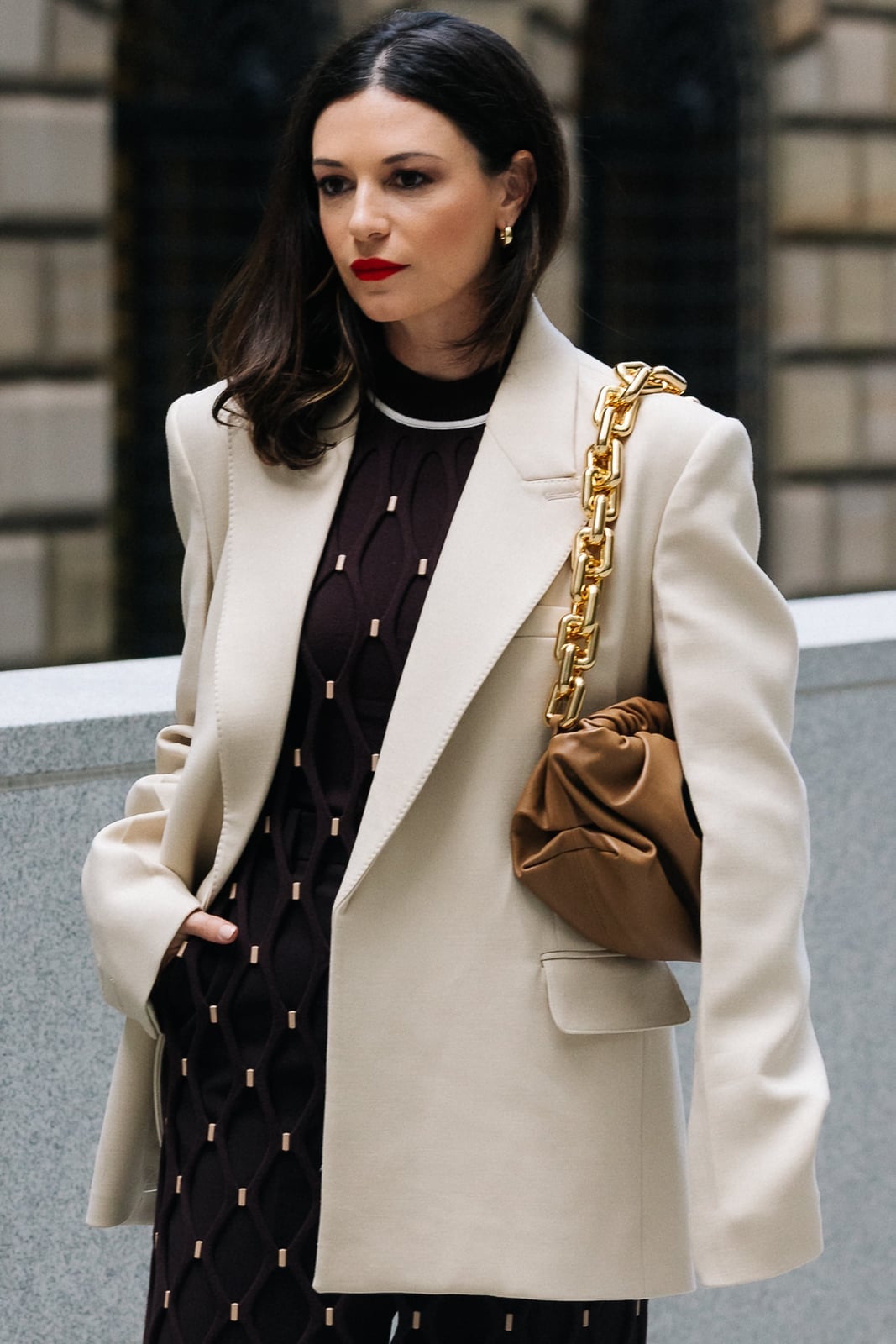 Camel Coat Over Dark Green Top and Black Trousers — Work Party Outfits