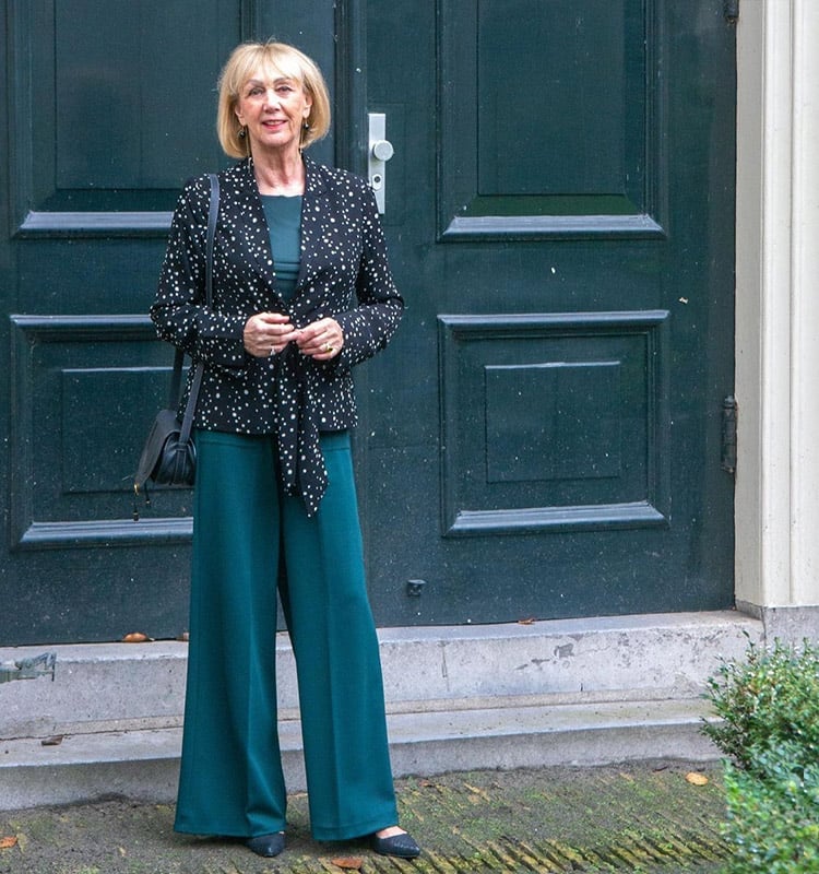 Patterned Blazer Over Teal Top and Wide-Leg Trousers — Work Party Outfits