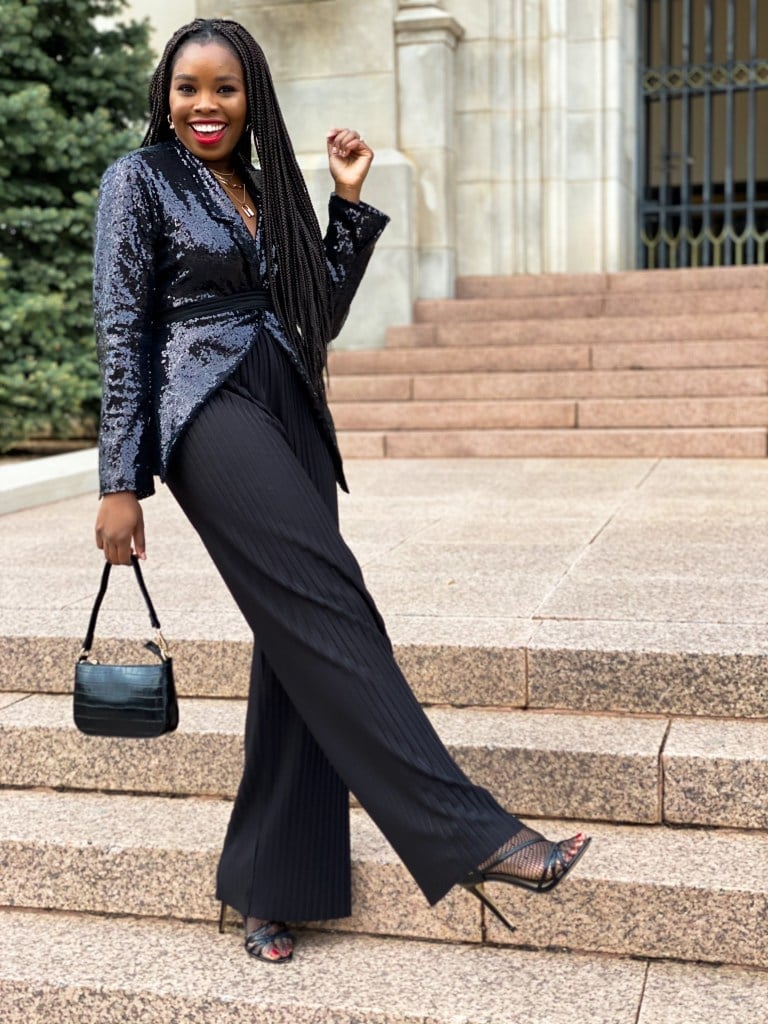 Black Sequin Blazer with Wide-Leg Trousers, Close-Up Take — Work Party Outfits