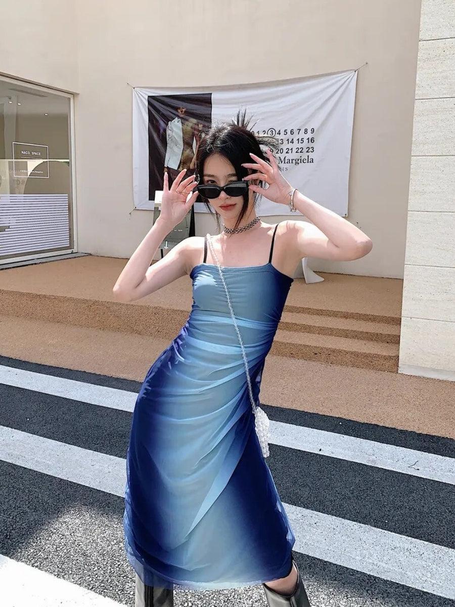 Blue Ombre Gradient Strappy Midi Dress Blue Ombre Gradient Strappy Midi Dress — Y2K Dress