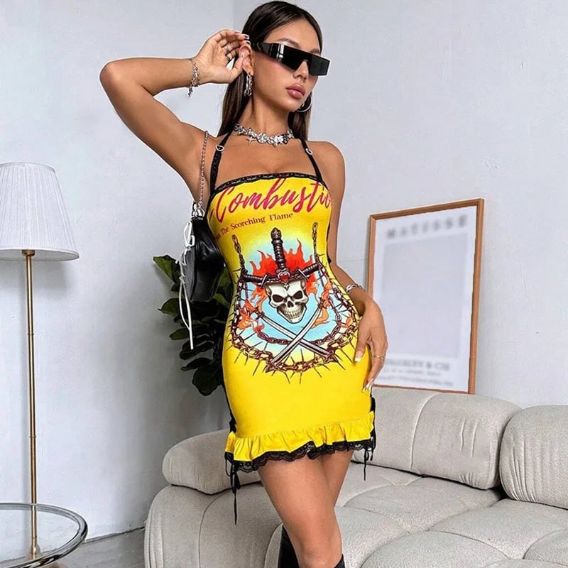 Yellow Graphic Print Mini Dress with Lace Trim Yellow Graphic Print Mini Dress with Lace Trim — Y2K Dress